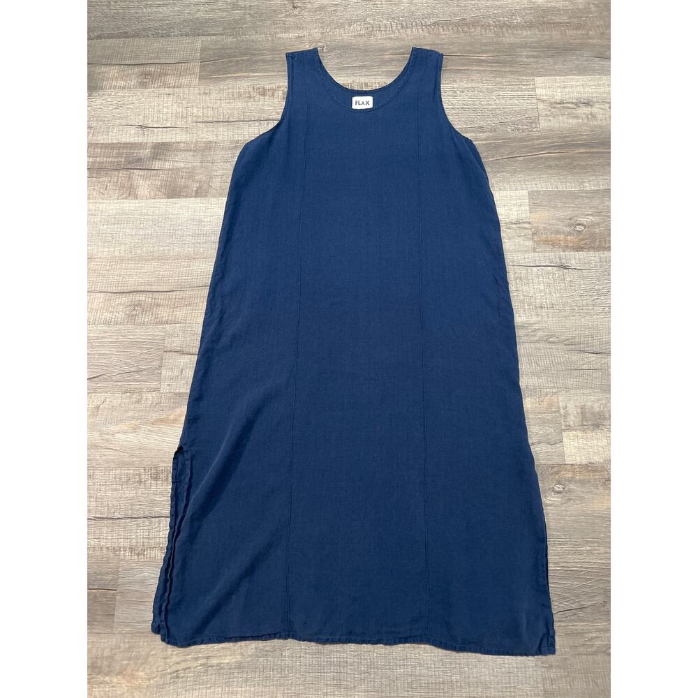 FLAX Long Linen Maxi Dress Large Lagenlook Boho Cottagecore Peasant Blue